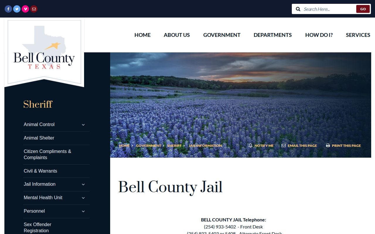 Bell County official jail page describing the hourly inmate list