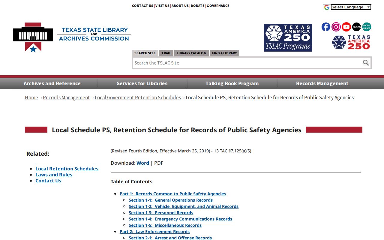 Texas retention schedule for the permanent county jail register
